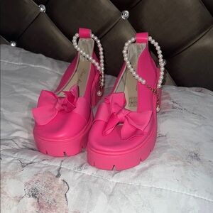 Demonia Pink Platform Sandals with Chunky Sole and Decorative Bow